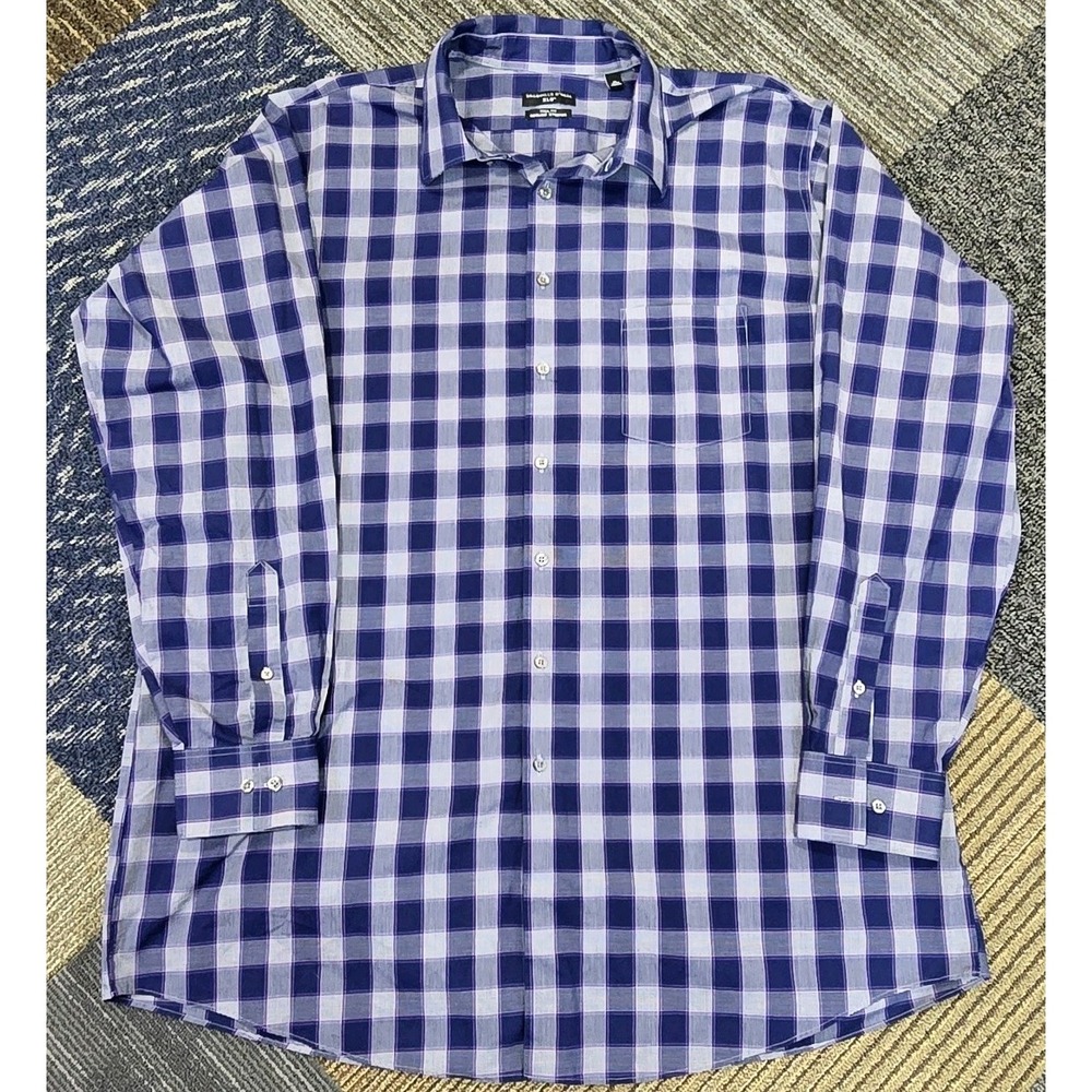 Shaquille O'Neal Shirt Mens XLG Big Fit 18 36 37 Blue Plaid Cooling Stretch